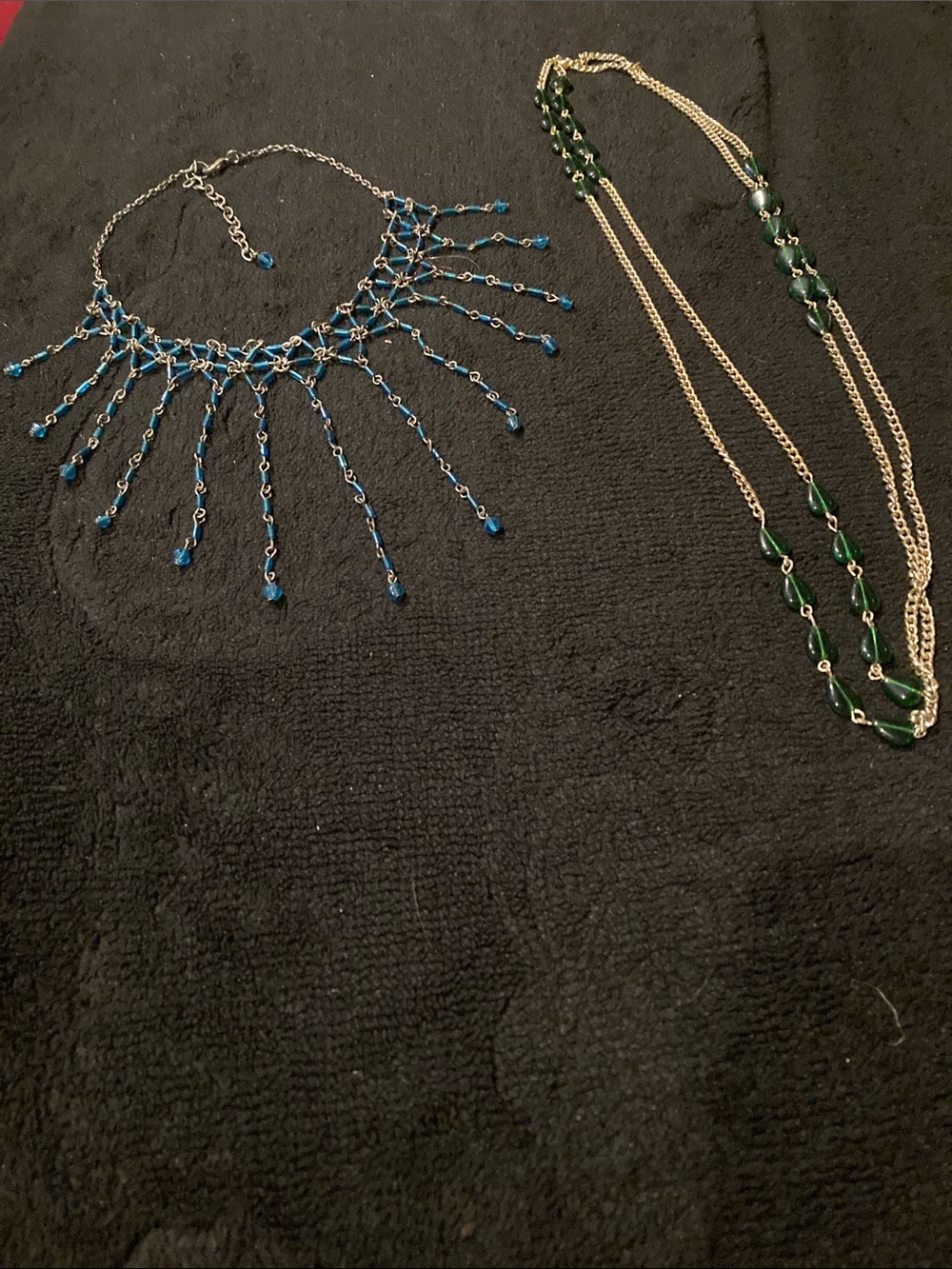 Green Beaded Fringe Statement Necklace and Green and Gold Wrap Length necklace